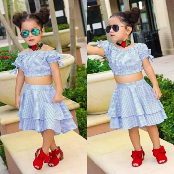 Toddler Girl Plaid Print Off Shoulder Bowknot Set - Picture 6 of 7